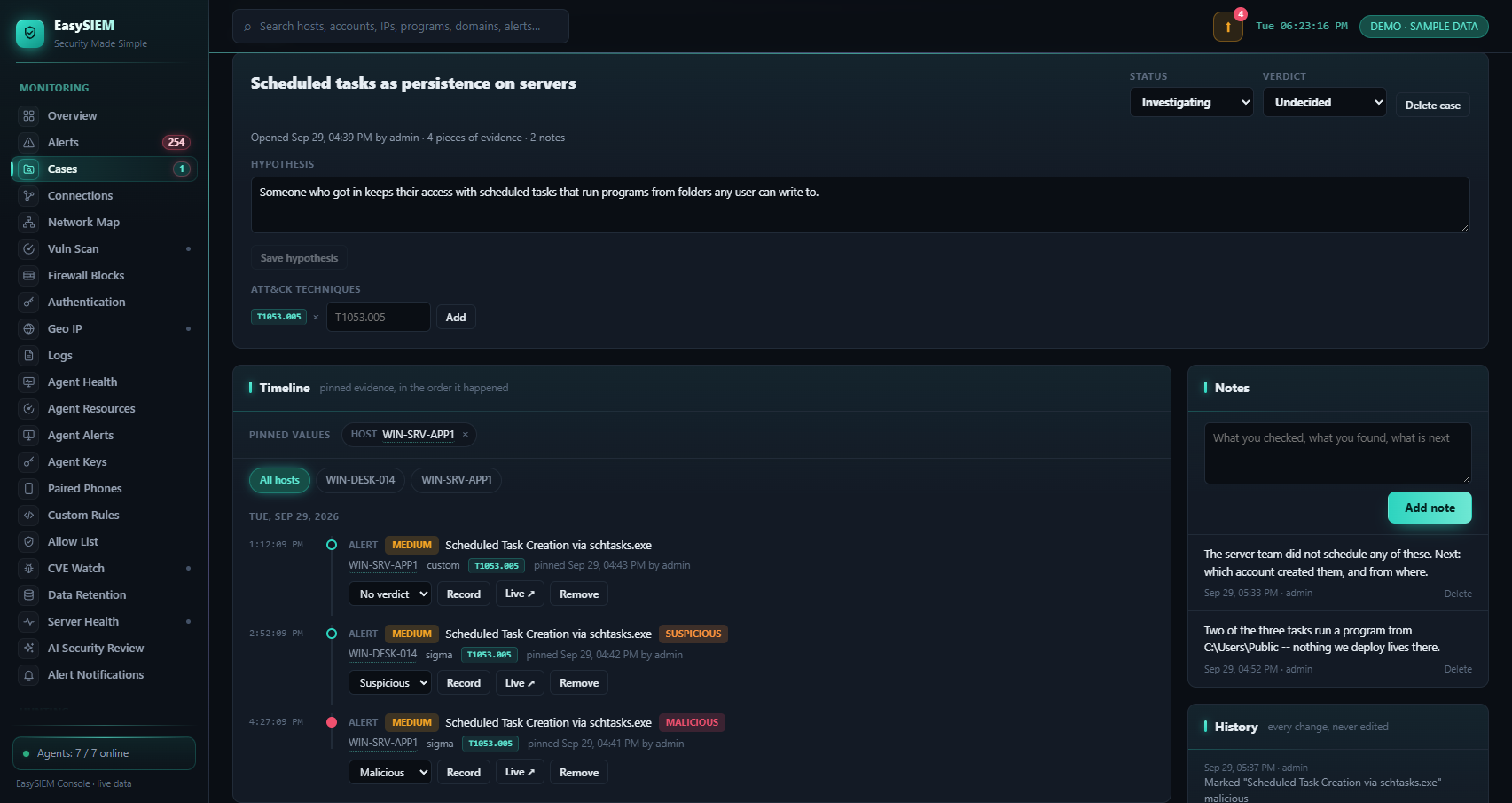 The EasySIEM Console's Cases page, showing the public demo's sample data: a case titled Scheduled tasks as persistence on servers, under investigation with no verdict yet, with its hypothesis and ATT&CK technique; below them a timeline of three pinned alerts in the order they happened, marked no verdict, suspicious and malicious, a host filter and a pinned host; and beside the timeline the case's notes and the start of its history
