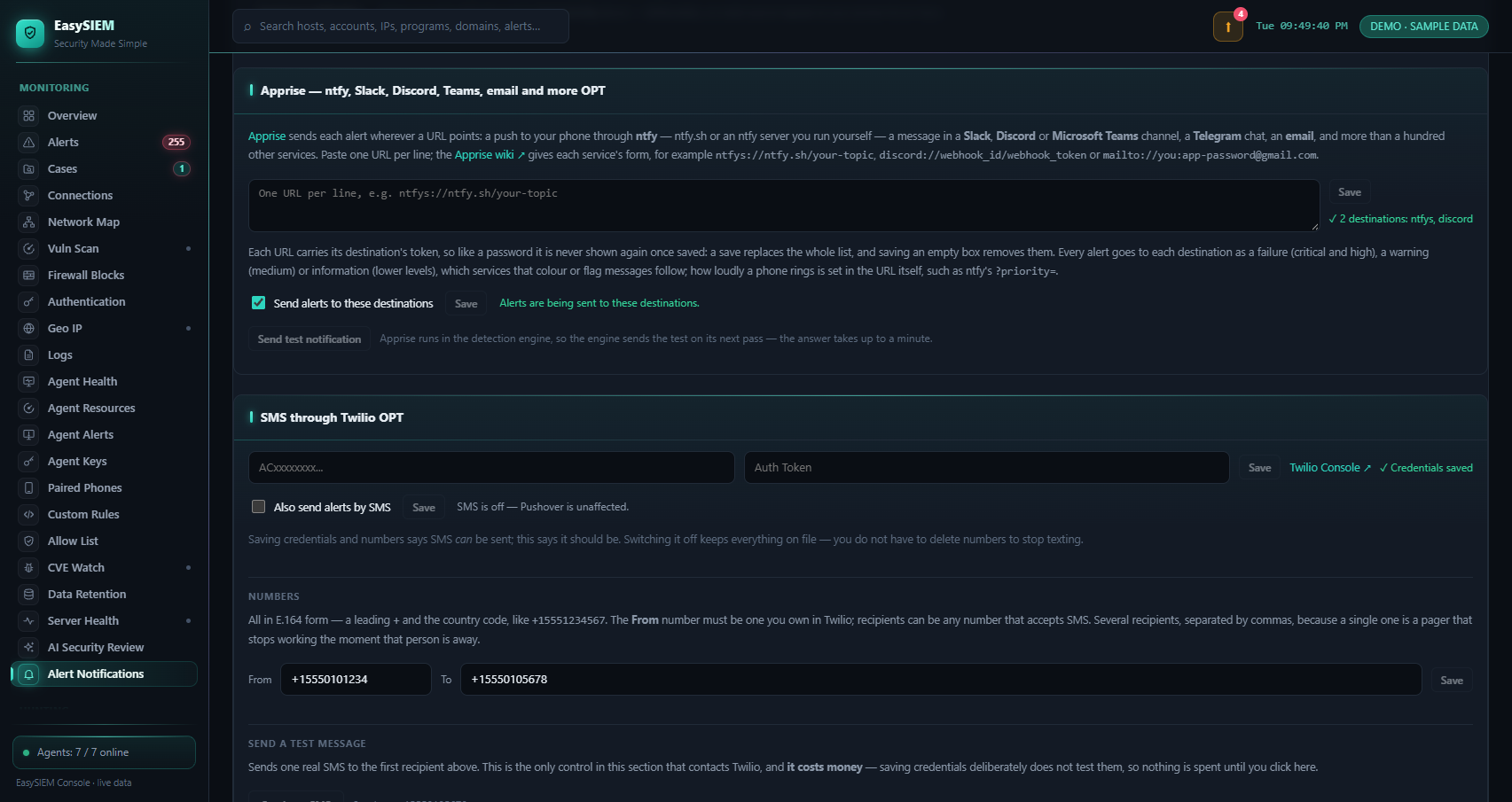 The EasySIEM Console's Alert Notifications page in the public demo: the Apprise panel, with two destinations saved (ntfys and discord), alerts switched on and being sent to them, and its test button; below it the SMS through Twilio panel, its credentials saved and SMS switched off